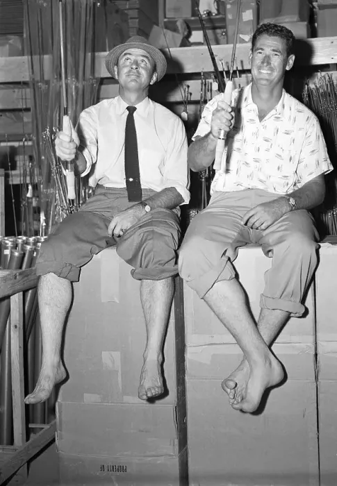 Framed Print : Sam Snead and Ted Williams Sitting with Rolled up Pants and Holding Fishing Rods Framed Print : Sam Snead and Ted Williams Sitting with Rolled up Pants and Holding Fishing Rods