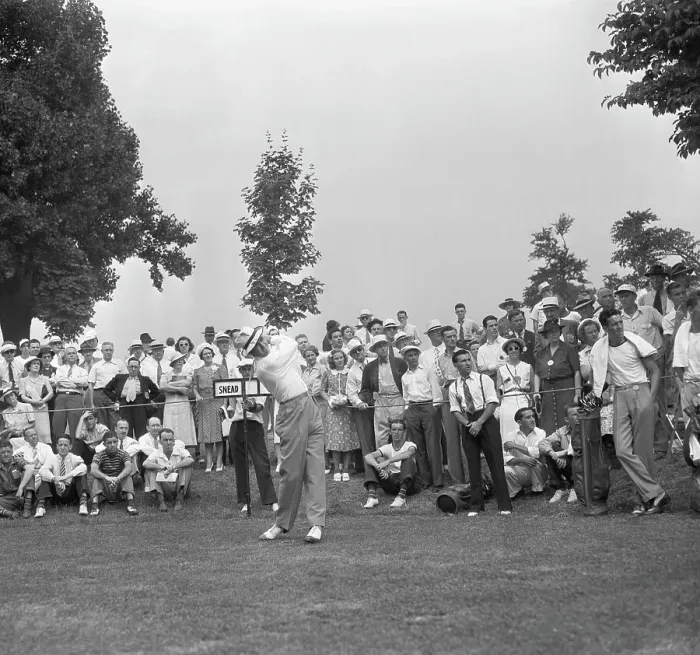 Framed Print : Sam Snead Tees Off-Swinging-Crowd Behind Framed Print : Sam Snead Tees Off-Swinging-Crowd Behind
