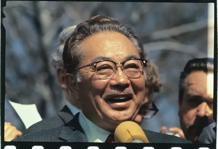 Framed Print : Samuel Hayakawa Smiling as He Speaks to Newsmen Framed Print : Samuel Hayakawa Smiling as He Speaks to Newsmen