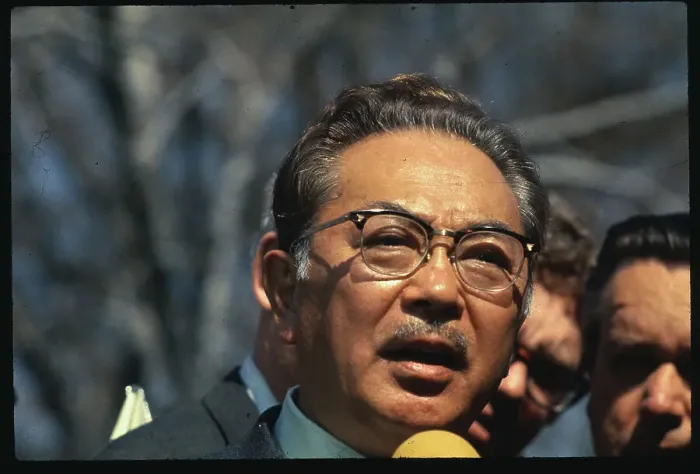 Framed Print : Samuel Hayakawa Speaking to Newsmen Framed Print : Samuel Hayakawa Speaking to Newsmen