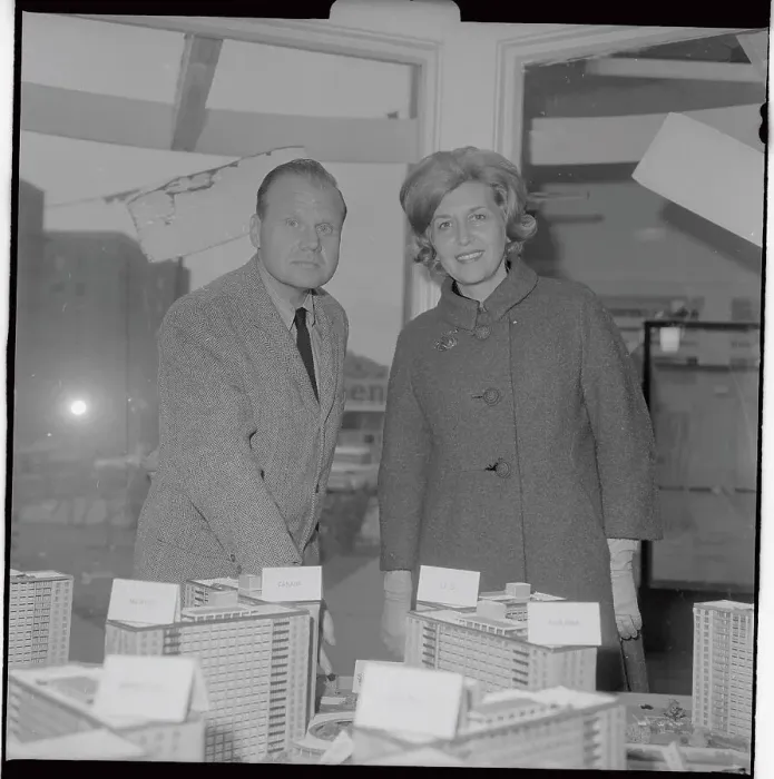 Framed Print : Samuel LeFrak and Wife Standing with Building Models Framed Print : Samuel LeFrak and Wife Standing with Building Models