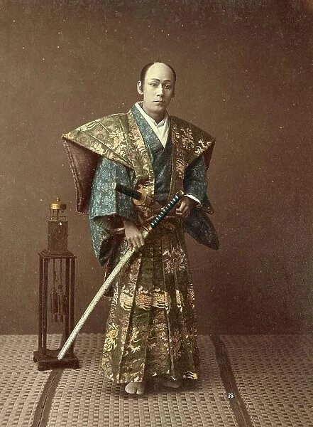 Samurai warrior with sword and uniform, fighter with distinguished clothing, around 1870, Japan, Historic, digitally restored reproduction from an original of the period