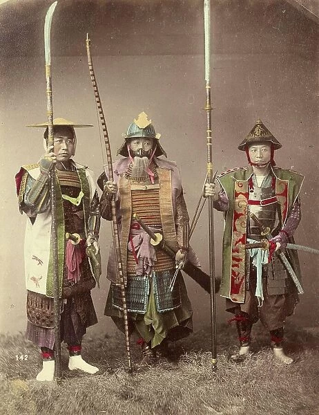 Three Samurai warriors in armour, with lances and sword, typical uniform of the fighters, around 1870, Japan, Historic, digitally restored reproduction from an original of that time