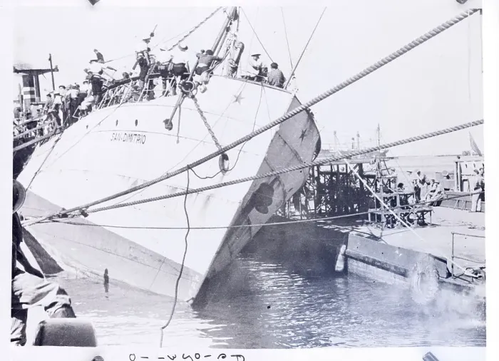 Framed Print : San Dimitrio Tied up at Haifa with Refugees Aboard Framed Print : San Dimitrio Tied up at Haifa with Refugees Aboard