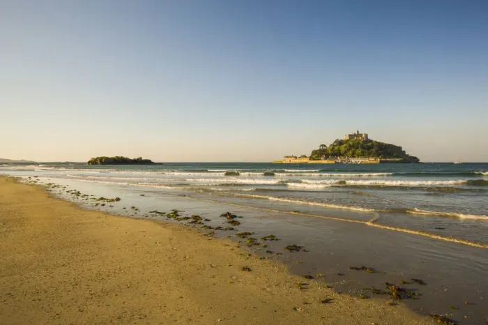 Framed Print : Sand beach with the island of St. Michaels Mount at high tide, Marazion, Cornwall, England, United Kingdom Framed Print : Sand beach with the island of St. Michaels Mount at high tide, Marazion, Cornwall, England, United Kingdom