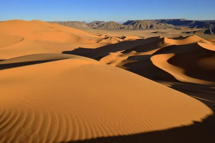 Framed Print : Sand dunes at Erg Mehejibad, Sahara, Erg Mehejibad, Immidir or Mouydir, Sahara, Tamanrasset Province, Algeria
