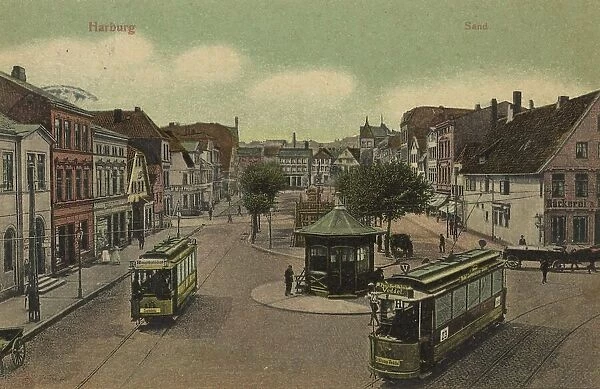 Sand Harburg, Tramway, Hamburg, Germany, postcard with text, view around ca 1910, historical, digital reproduction of a historical postcard, public domain, from that time, exact date unknown