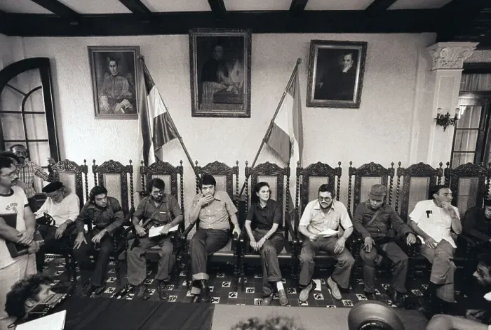 Framed Print : Sandinista Leaders with Soldiers in Hall Framed Print : Sandinista Leaders with Soldiers in Hall