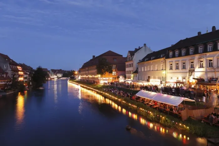 Framed Print : Sandkerwa, folk festival, on the bank of the Regnitz river, view from Markusbruecke, Bamberg, Upper Franconia, Franconia, Bavaria, Germany, Europe, PublicGround