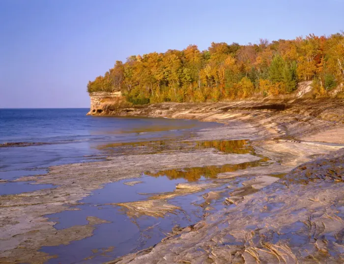 Framed Print : Sandstone shoreline by Lake Superior and autumn forest at Mosquito Beach, Pictured Rocks National Lakeshore, Michigan, USA Framed Print : Sandstone shoreline by Lake Superior and autumn forest at Mosquito Beach, Pictured Rocks National Lakeshore, Michigan, USA