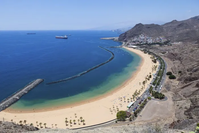 Framed Print : The sandy beach of Playa de las Teresitas, birds eye view, San Andres, La Montanita, Tenerife, Canary Islands, Spain
