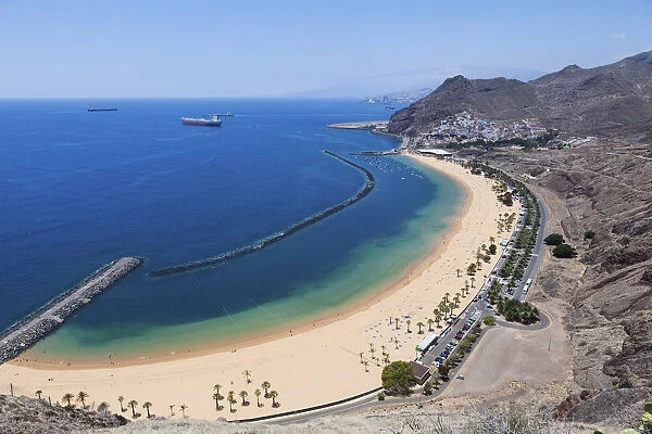 The sandy beach of Playa de las Teresitas, birds eye view, San Andres, La Montanita, Tenerife, Canary Islands, Spain