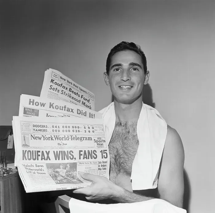 Framed Print : Sandy Koufax Holds 1963 Newspapers Headlining World Series Framed Print : Sandy Koufax Holds 1963 Newspapers Headlining World Series