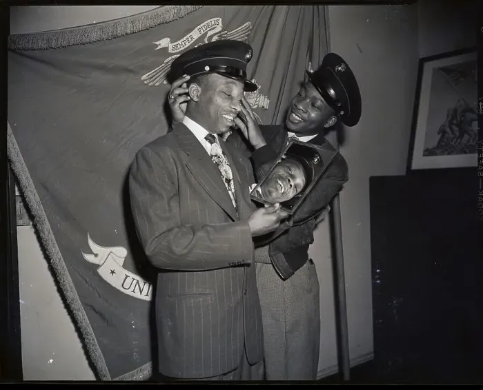Framed Print : Sandy Saddler Trying On Marine Corps Cap Framed Print : Sandy Saddler Trying On Marine Corps Cap