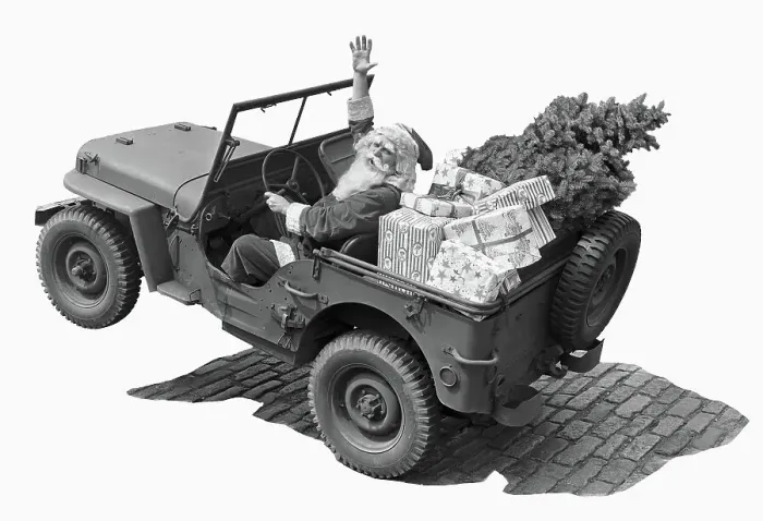 Framed Print : Santa Claus in an Army Jeep Framed Print : Santa Claus in an Army Jeep