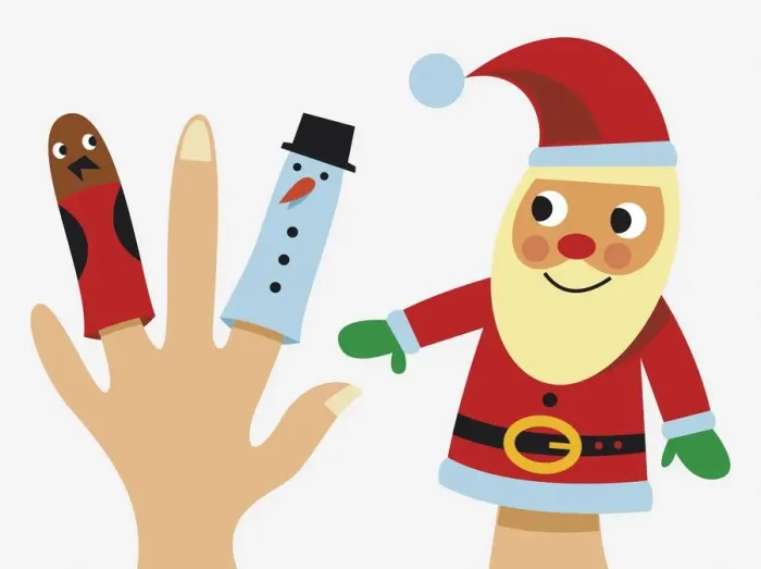 Framed Print : Santa Claus hand puppet, and bird and snowman finger puppets