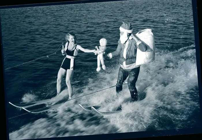Framed Print : Santa Claus Water Skiing with Presents Framed Print : Santa Claus Water Skiing with Presents
