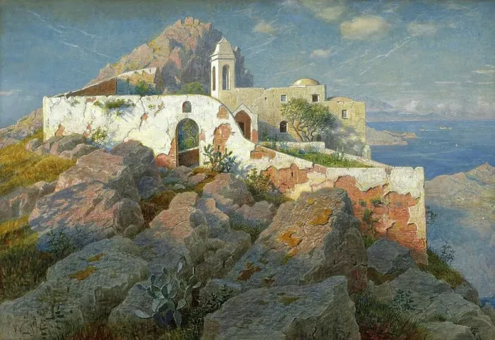 Framed Print : Santa Maria a Cetrella in Anacapri on the island of Capri, c. 1890, Italy, Painting by William Stanley Haseltine, Historic, digitally restored reproduction from a 19th century original Framed Print : Santa Maria a Cetrella in Anacapri on the island of Capri, c. 1890, Italy, Painting by William Stanley Haseltine, Historic, digitally restored reproduction from a 19th century original