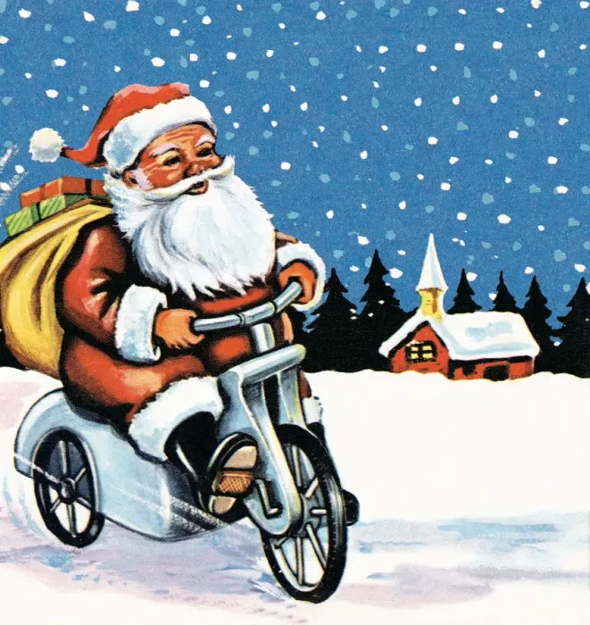 Framed Print : Santa Riding a Motorized Bike Framed Print : Santa Riding a Motorized Bike