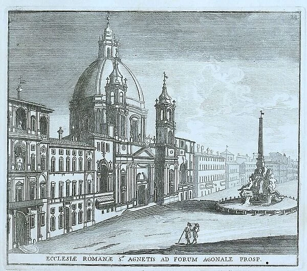 Sant'Agnese in Agone, St. Agnes in Agone, a Catholic church in the Parione district, the Rione VI of the historic centre of Rome, historic view hemeroplanes triptolemus (1779), historic Rome, Italy, digital reproduction of a 17th century original