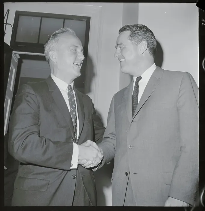 Framed Print : Sargent Shriver and Peter Frelinghuysen Shaking Hands Framed Print : Sargent Shriver and Peter Frelinghuysen Shaking Hands