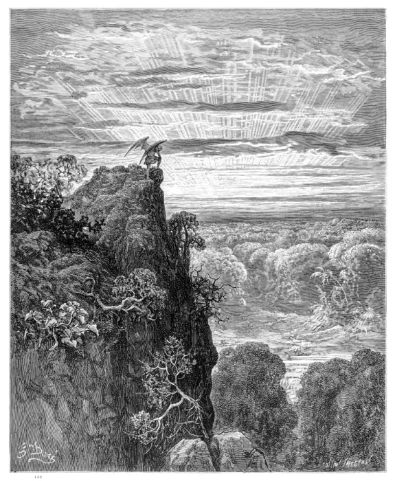 Framed Print : Satan Overlooking Paradise engraving 1885 Framed Print : Satan Overlooking Paradise engraving 1885