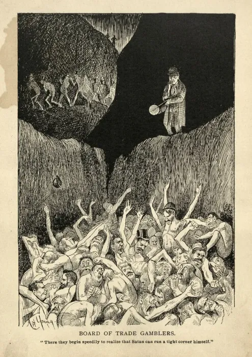 Framed Print : Satirical cartoon sketch on hell, Board of Trade Gamblers, Victorian Framed Print : Satirical cartoon sketch on hell, Board of Trade Gamblers, Victorian