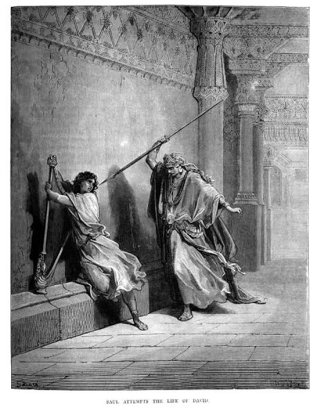 Saul's Attempt on David - Vintage Engraving Print (1870). Art