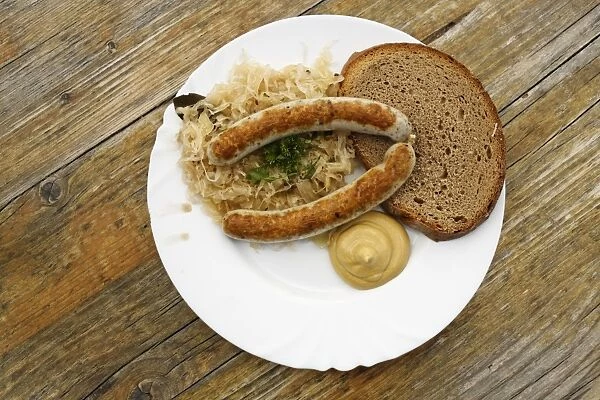 Sausages with sauerkraut and bread, Berggasthaus Hoess mountain guesthouse on Hutterer Hoess Mountain, Totes Gebirge Range, Pyhrn-Priel region, Traunviertel district, Upper Austria, Austria, Europe