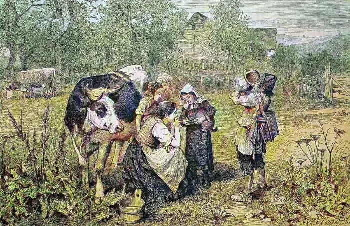 Framed Print : Savoyard children with cow, Savoy, France, historical wood engraving, c. 1880, digitally restored reproduction of a 19th century original, exact original date not known, coloured Framed Print : Savoyard children with cow, Savoy, France, historical wood engraving, c. 1880, digitally restored reproduction of a 19th century original, exact original date not known, coloured