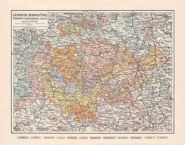 Saxon duchies, principalities Schwarzburg and Reuss (Germany), lithograph, 1897