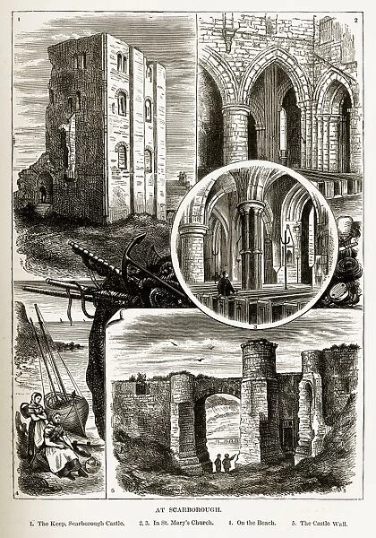 Scarborough Landmarks in Yorkshire, England Victorian Engraving, 1840