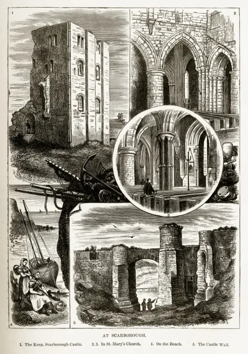 Framed Print : Scarborough Landmarks in Yorkshire, England Victorian Engraving, 1840 Framed Print : Scarborough Landmarks in Yorkshire, England Victorian Engraving, 1840