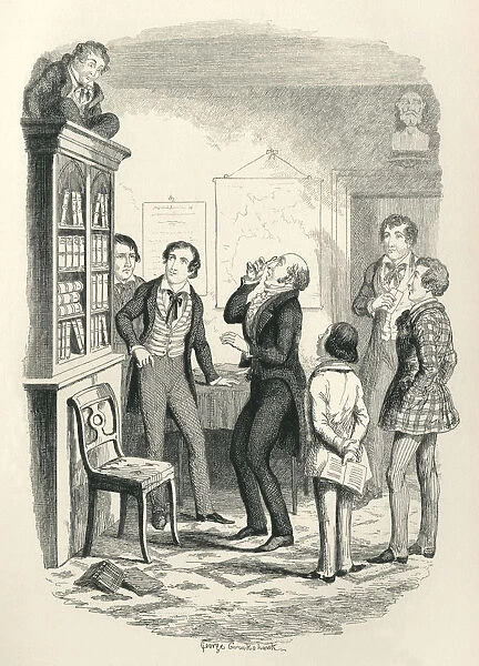 Scared Victorian schoolboy hiding on top of a bookcase
