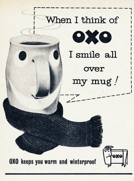 Framed Print : Oxo. 1957: A scarf wrapped mug containing Oxo beef stock with the caption Framed Print : Oxo. 1957: A scarf wrapped mug containing Oxo beef stock with the caption