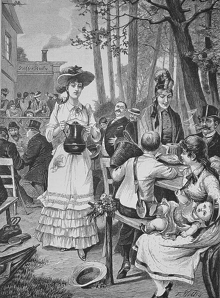 Scene in the Berlin Coffee Garden, 1888, distinguished society, Germany, Historic, digital reproduction of an original 19th-century original
