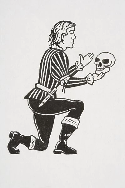 Scene from Hamlet, protagonist kneeling and holding up human skull, Alas, poor Yorick! I knew him, Horatio, side view
