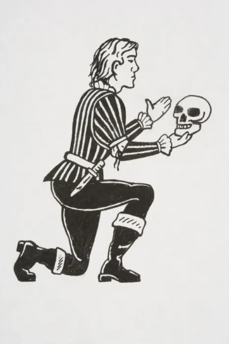 Framed Print : Scene from Hamlet, protagonist kneeling and holding up human skull, Alas, poor Yorick! I knew him, Horatio, side view Framed Print : Scene from Hamlet, protagonist kneeling and holding up human skull, Alas, poor Yorick! I knew him, Horatio, side view