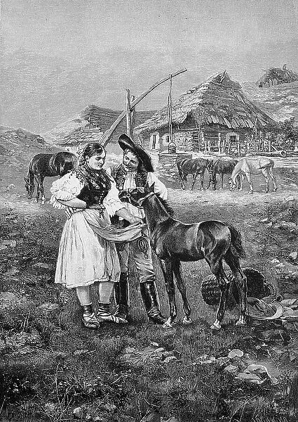 Scene from the Puszta, Hungary, young couple with a foal, in the background a farm with horses and a draw well, after a painting by J. Besin, Historic, digital reproduction of an original 19th century original