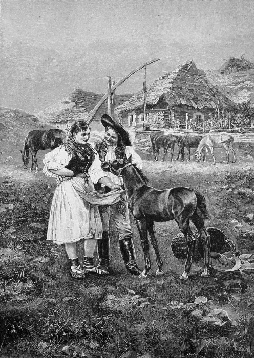 Framed Print : Scene from the Puszta, Hungary, young couple with a foal, in the background a farm with horses and a draw well, after a painting by J. Besin, Historic, digital reproduction of an original 19th century original Framed Print : Scene from the Puszta, Hungary, young couple with a foal, in the background a farm with horses and a draw well, after a painting by J. Besin, Historic, digital reproduction of an original 19th century original