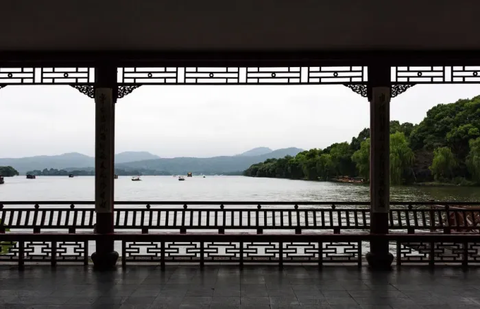 Framed Print : Scene Of the West Lake Seen From Pavilion, Hangzhou, China Framed Print : Scene Of the West Lake Seen From Pavilion, Hangzhou, China