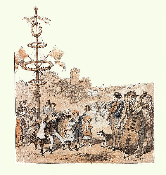 Scenes from a traditional English village fete, Children dancing around the maypole, Victorian 19th Century