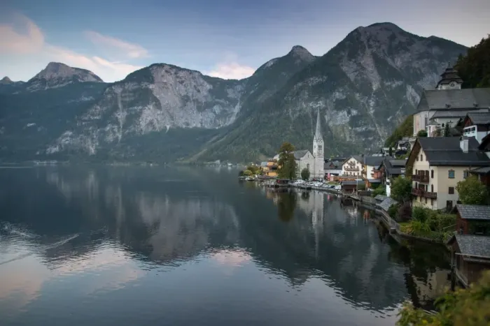 Framed Print : Scenic of Hallstatt lake and Hallstatt village on Twilight time postcard view point, European Alps, Austria Alps, Upper Austria