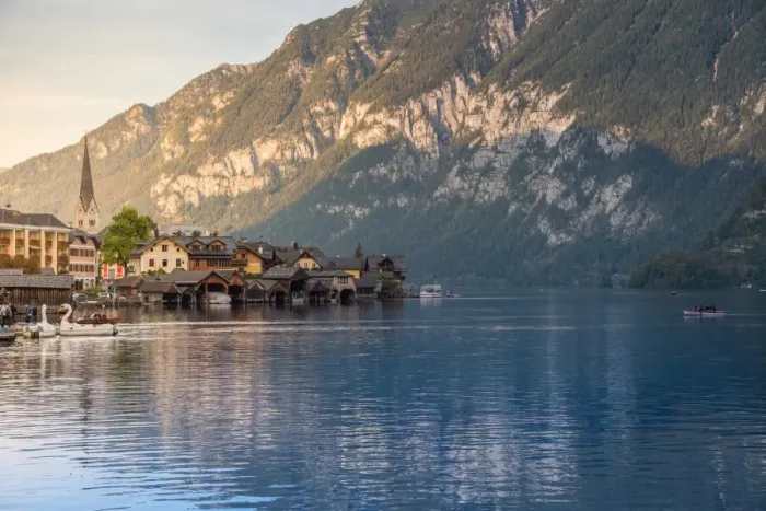 Framed Print : Scenic of Hallstatt lake and Hallstatt village on Twilight time postcard view point, European Alps, Austria Alps, Upper Austria