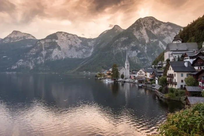 Framed Print : Scenic of Hallstatt lake and Hallstatt village on Twilight time postcard view point, European Alps, Austria Alps, Upper Austria Framed Print : Scenic of Hallstatt lake and Hallstatt village on Twilight time postcard view point, European Alps, Austria Alps, Upper Austria