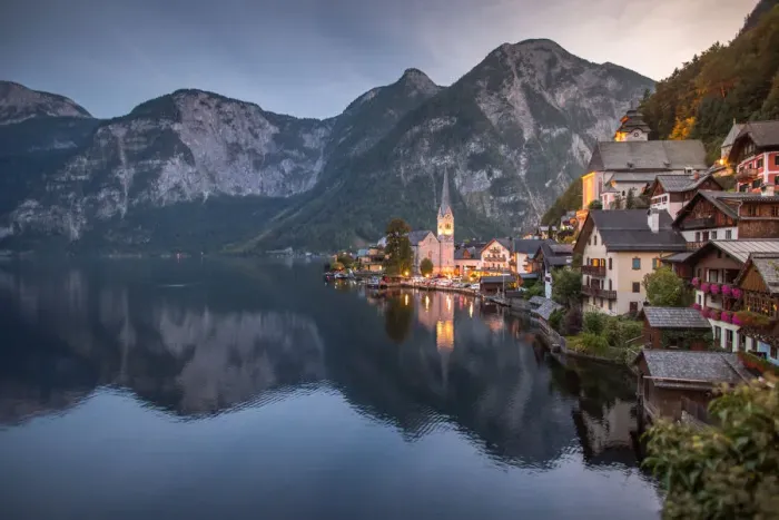 Framed Print : Scenic of Hallstatt lake and Hallstatt village on Twilight time postcard view point, European Alps, Austria Alps, Upper Austria Framed Print : Scenic of Hallstatt lake and Hallstatt village on Twilight time postcard view point, European Alps, Austria Alps, Upper Austria