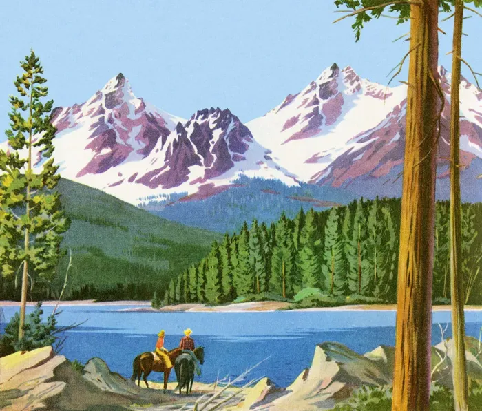 Framed Print : Scenic Mountains And People on Horses Framed Print : Scenic Mountains And People on Horses