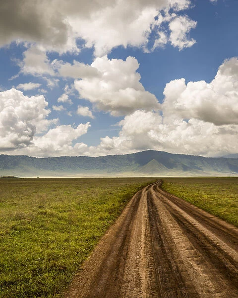 Scenic view of landscape with dirt road, Ngorongoro Crater, Tanzania
