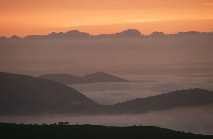 Framed Print : Scenic View of a Misty Mountain at Sunrise