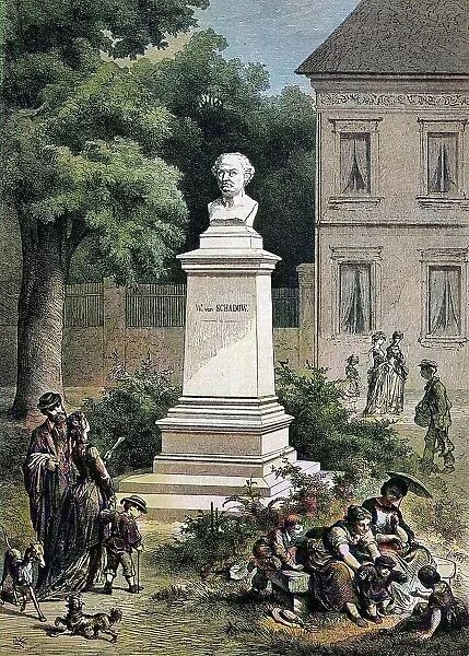 The Schadow Monument in Duesseldorf, North Rhine-Westphalia, Germany, historical woodcut, circa 1870, digitally restored reproduction of a 19th century original, exact original date unknown, coloured